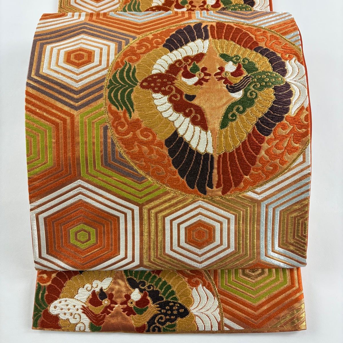 袋帯 名品 河合美術織物 落款 関西仕立て 向かい鳥 亀甲 金糸 唐織 オレンジ 六通 正絹