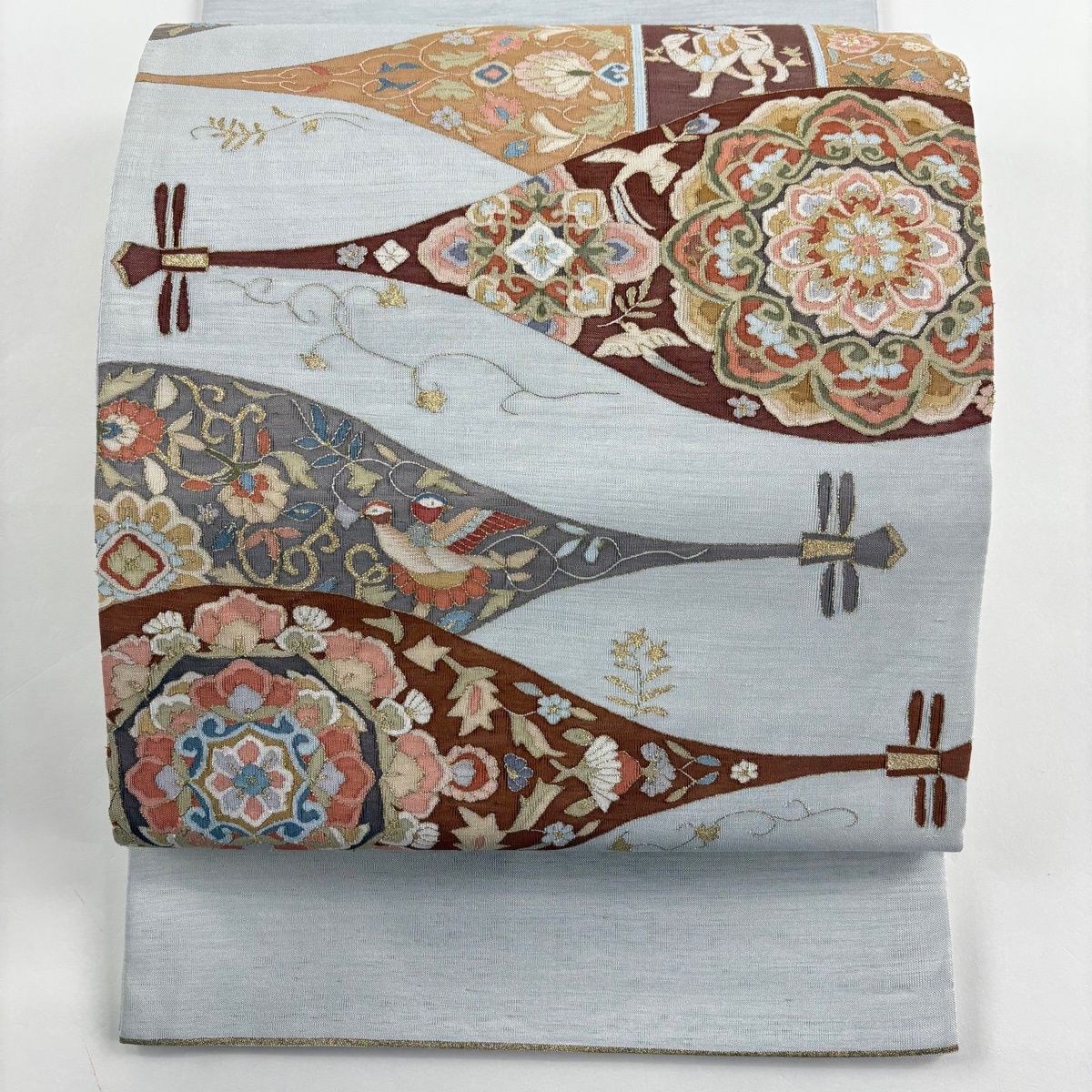 袋帯 名品 琵琶 華文 金糸 青灰色 お太鼓柄 正絹