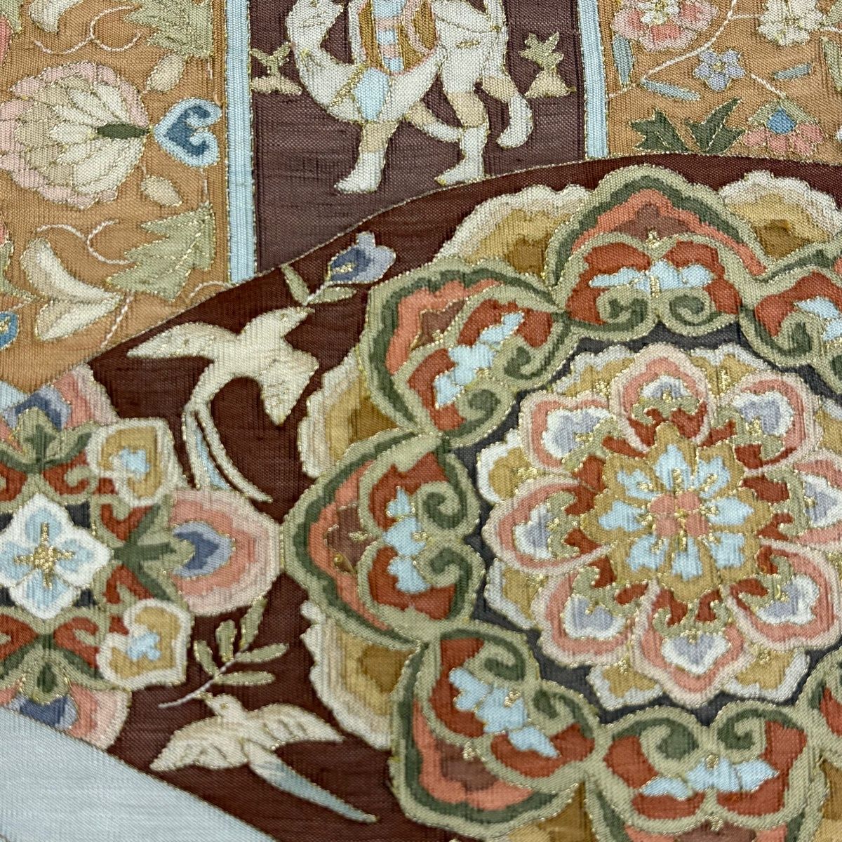 袋帯 名品 琵琶 華文 金糸 青灰色 お太鼓柄 正絹