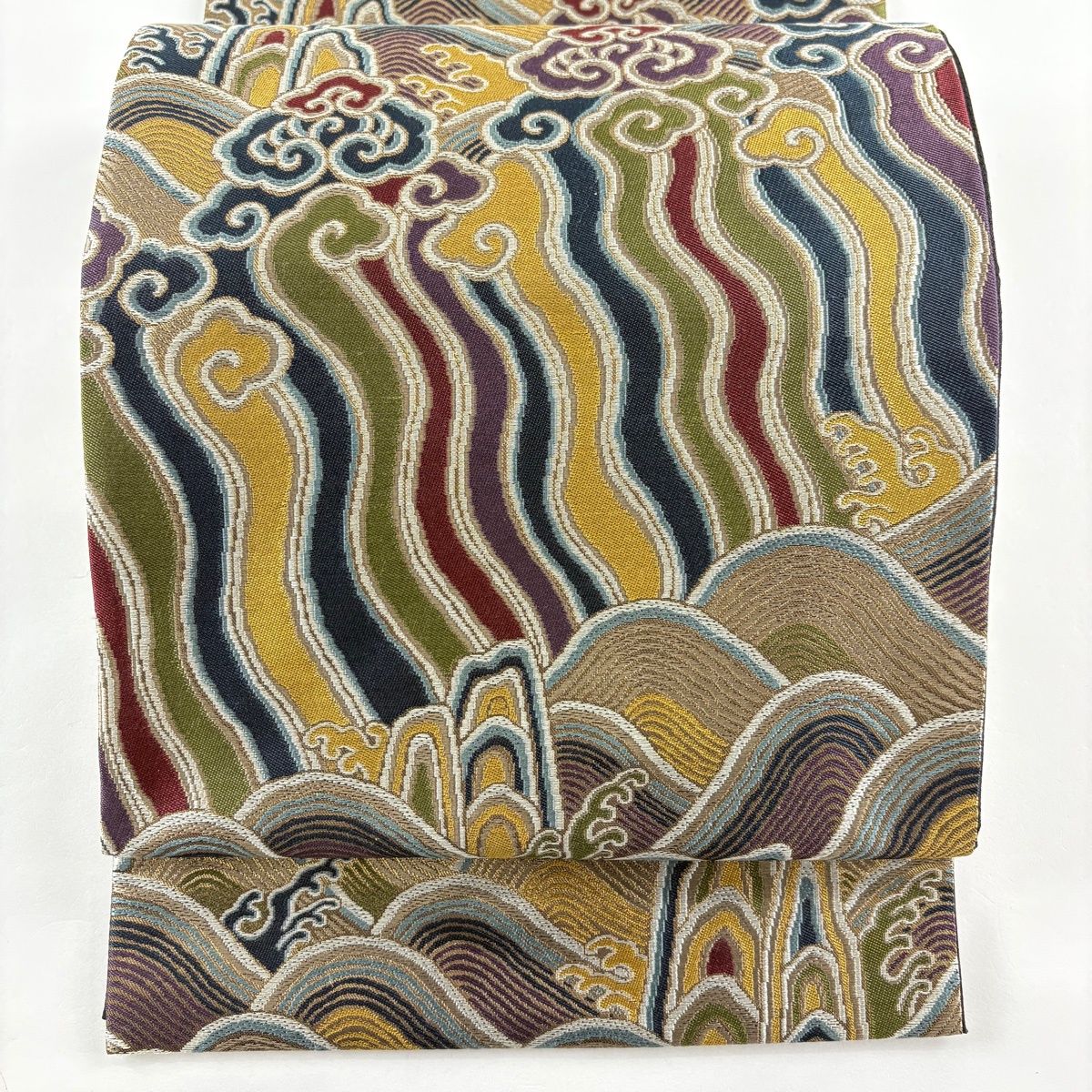 袋帯 名品 落款 鹿子井 波 岩 箔 茶緑色 六通 正絹