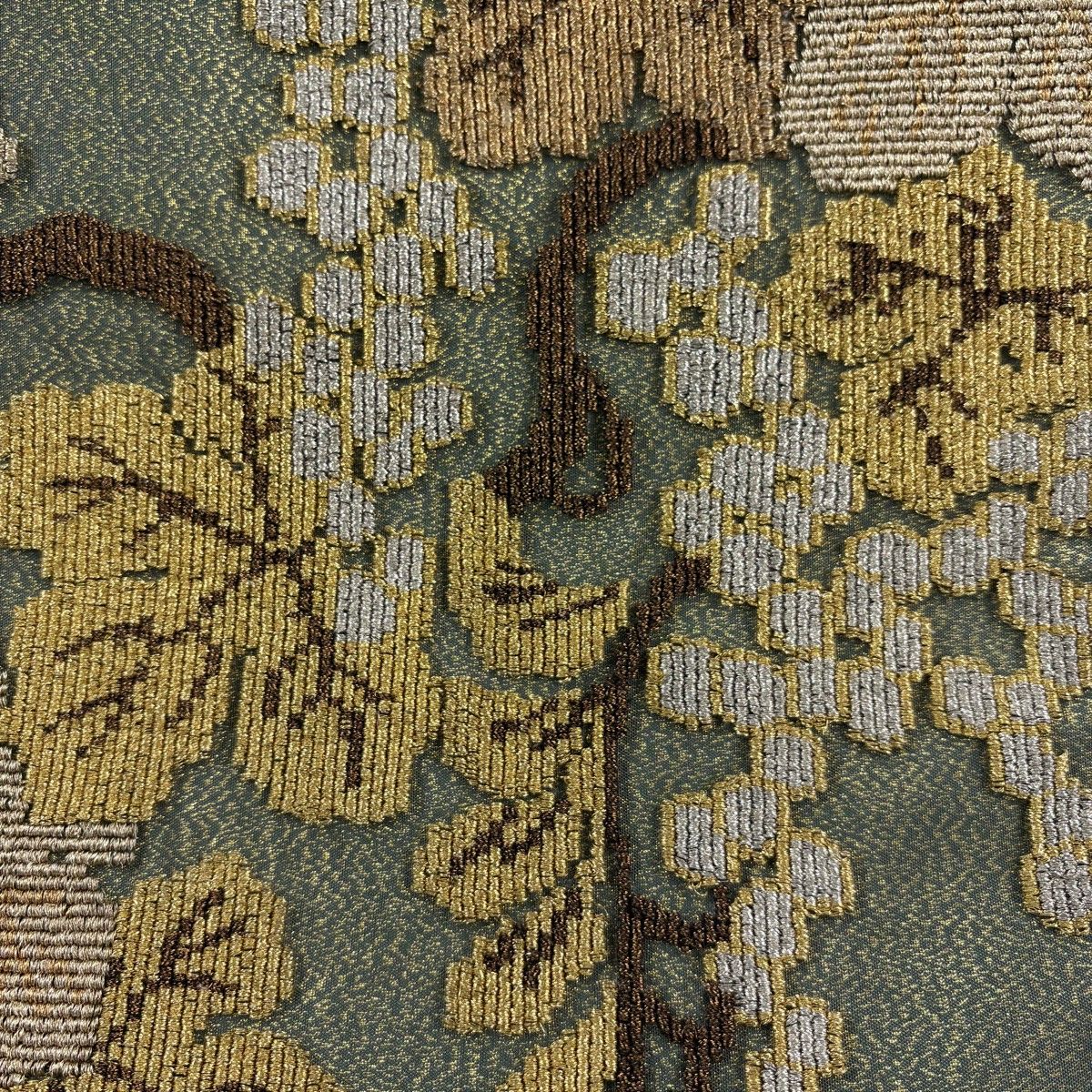 袋帯 名品 葡萄唐草 金通し 輪奈織 鶯色 お太鼓柄 正絹