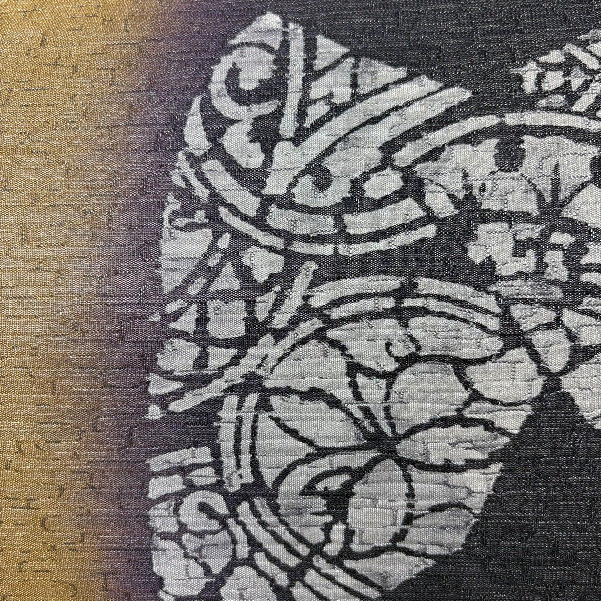 袋帯 名品 紬地 幾何学模様 花 銀通し 茶色 全通 正絹