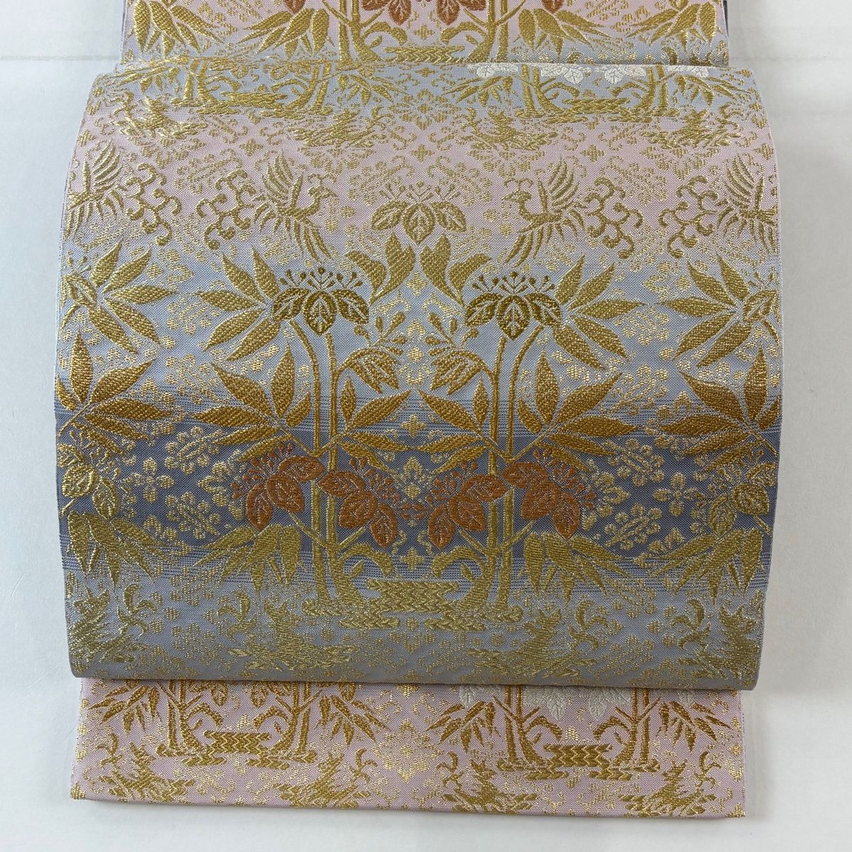 袋帯 名品 本袋 桐竹鳳凰紋 段縞模様 金糸 銀糸 青灰色 全通 正絹