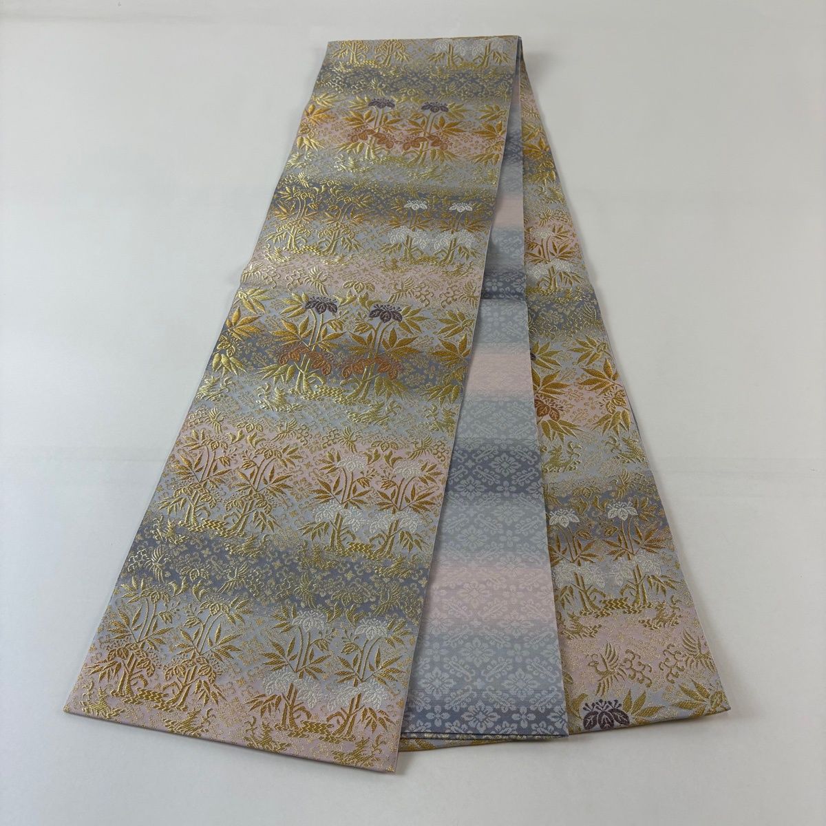  袋帯 名品 本袋 桐竹鳳凰紋 段縞模様 金糸 銀糸 青灰色 全通 正絹 袋帯 帯
