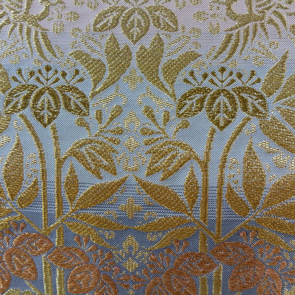 袋帯 名品 本袋 桐竹鳳凰紋 段縞模様 金糸 銀糸 青灰色 全通 正絹