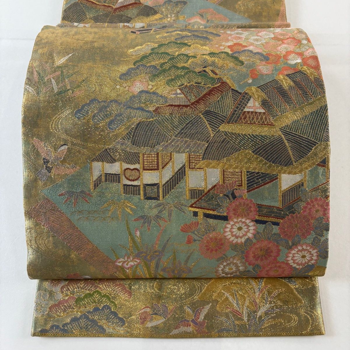 袋帯 名品 関西仕立て 家屋 松竹梅 箔 金糸 金色 全通 正絹
