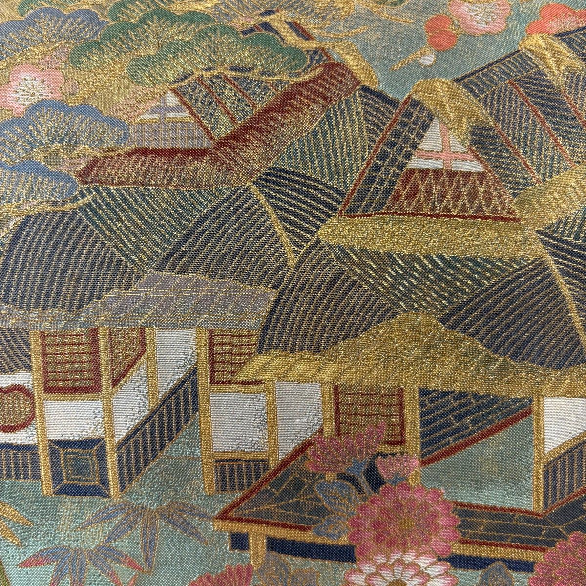 袋帯 名品 関西仕立て 家屋 松竹梅 箔 金糸 金色 全通 正絹