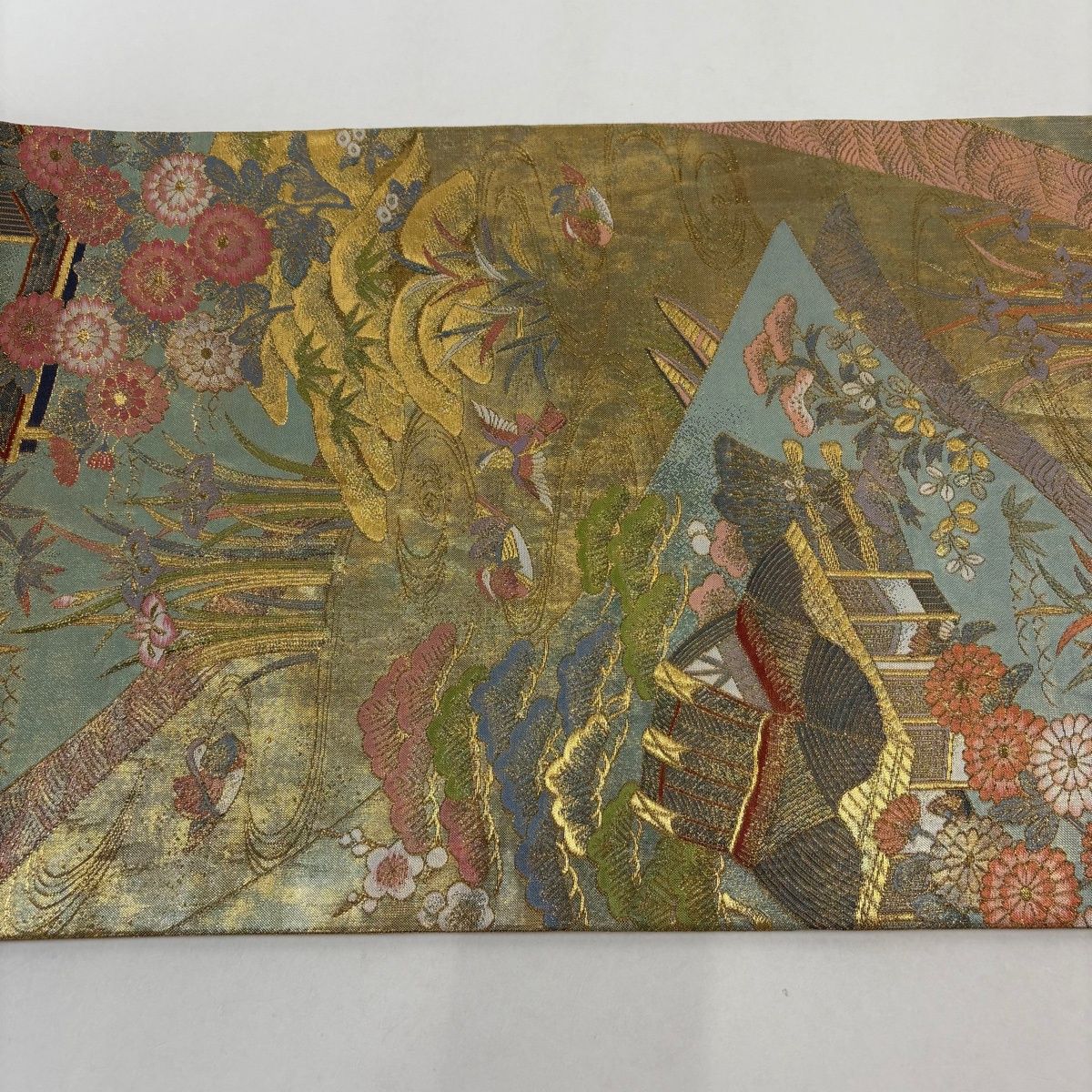  袋帯 名品 関西仕立て 家屋 松竹梅 箔 金糸 金色 全通 正絹 袋帯 帯