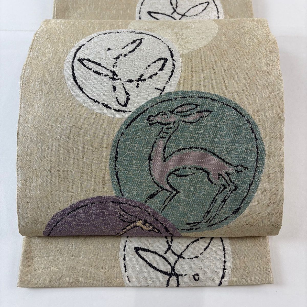 袋帯 名品 丸文 動物 金糸 箔 ベージュ 六通 正絹