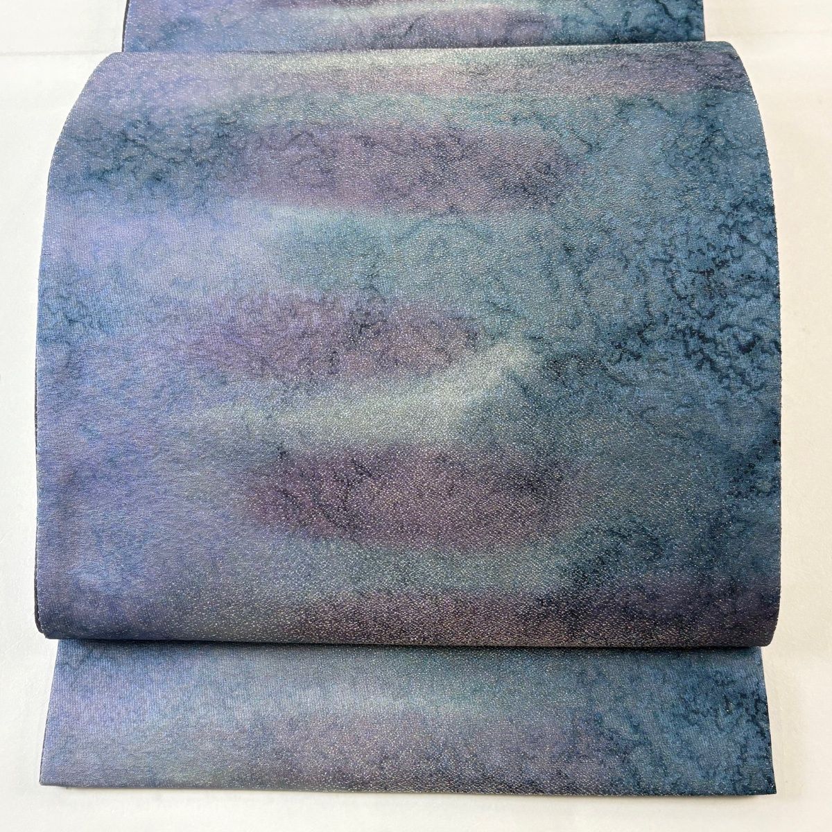 袋帯 名品 落款 小堀三千尋 霞 銀糸 青灰色 全通 正絹