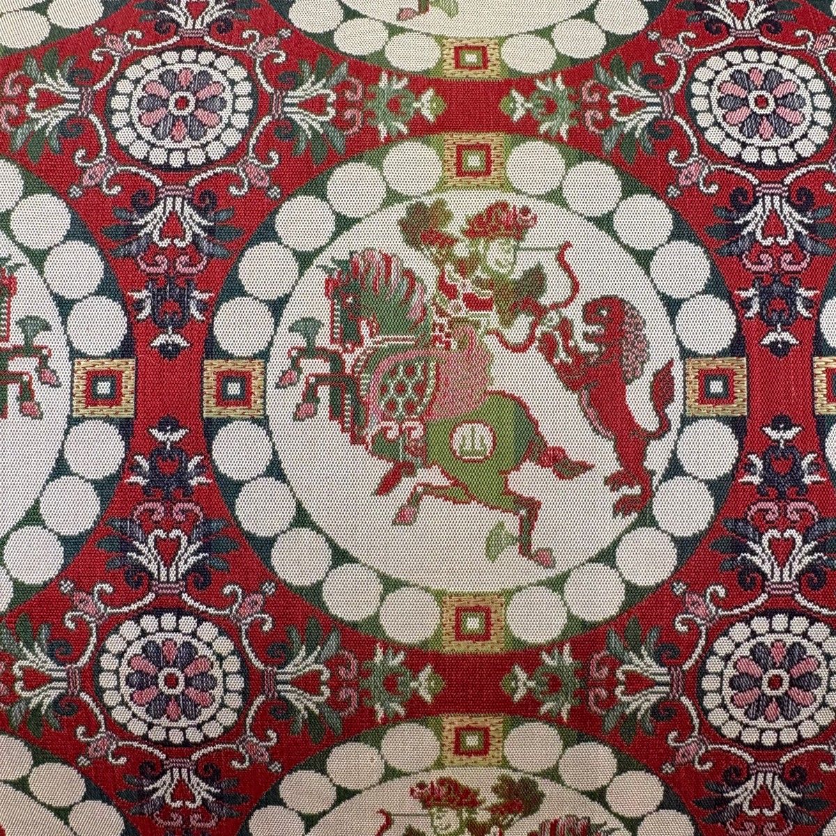 開き名古屋帯 名品 龍村美術織物 比翼仕立て 連珠文 狩猟文 赤 正絹