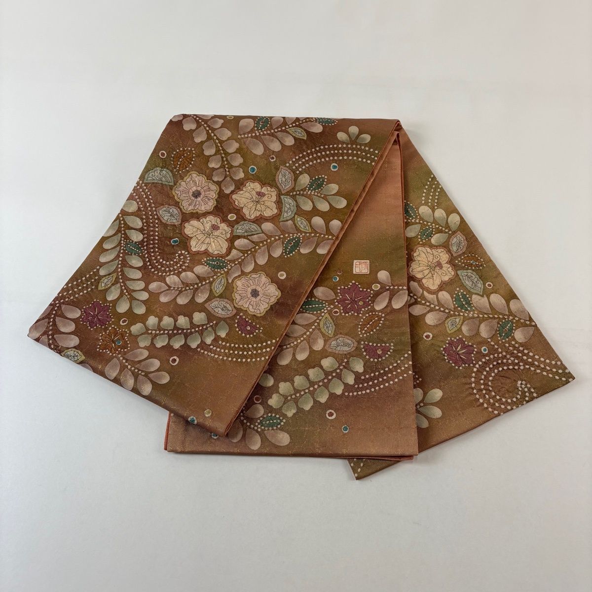 美品】 袋帯 名品 落款 辻が花柄 金糸 箔 茶色 お太鼓柄 正絹 【中古