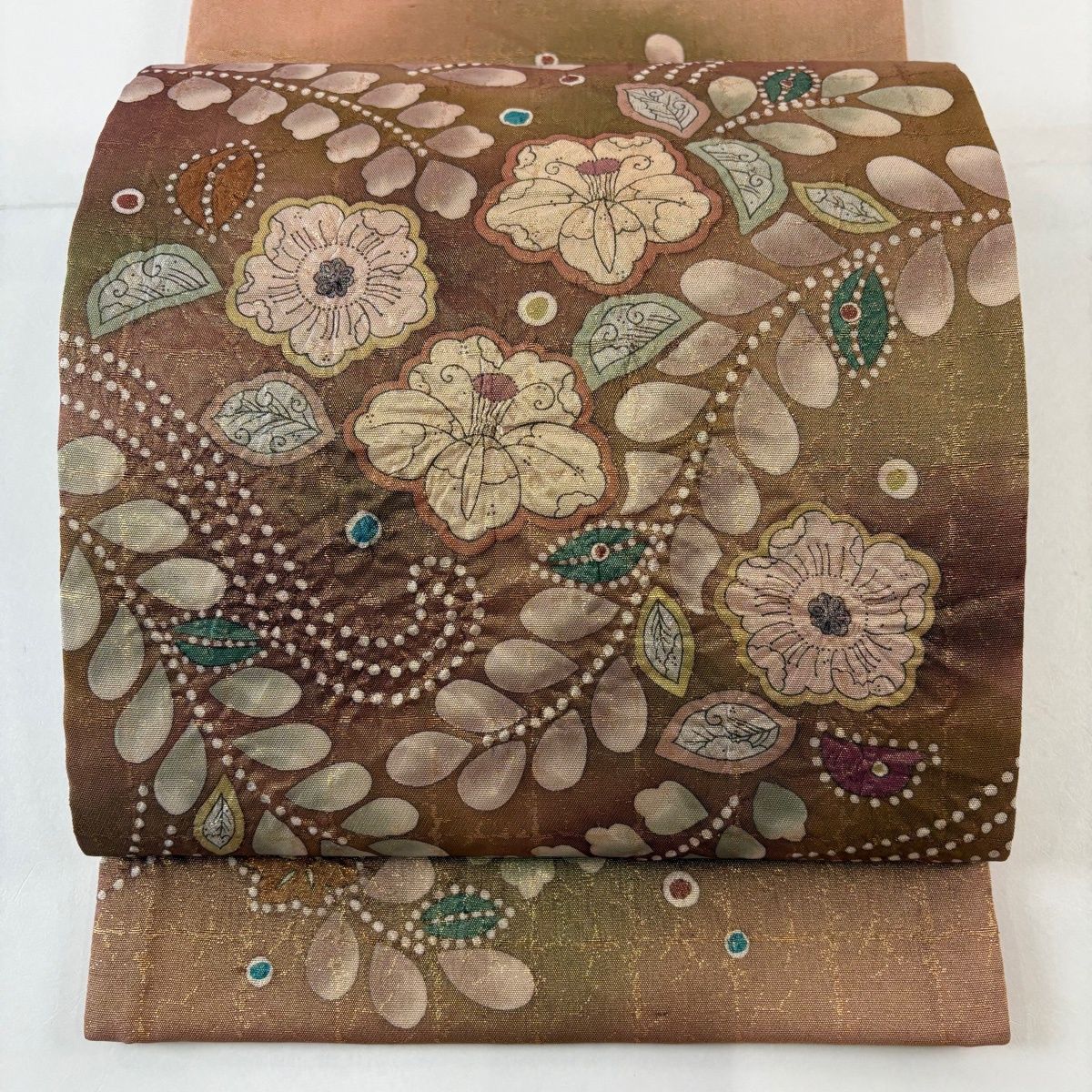 袋帯 名品 落款 辻が花柄 金糸 箔 茶色 お太鼓柄 正絹