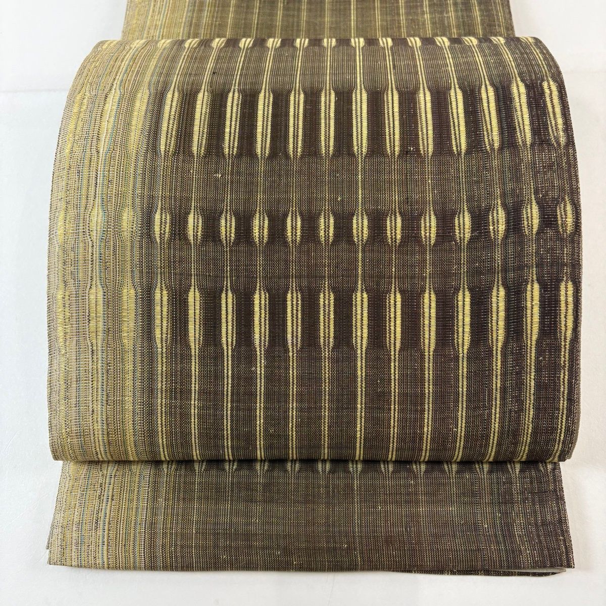 袋帯 名品 落款 みなみ修郎 幾何学模様 縞模様 灰色 全通 正絹