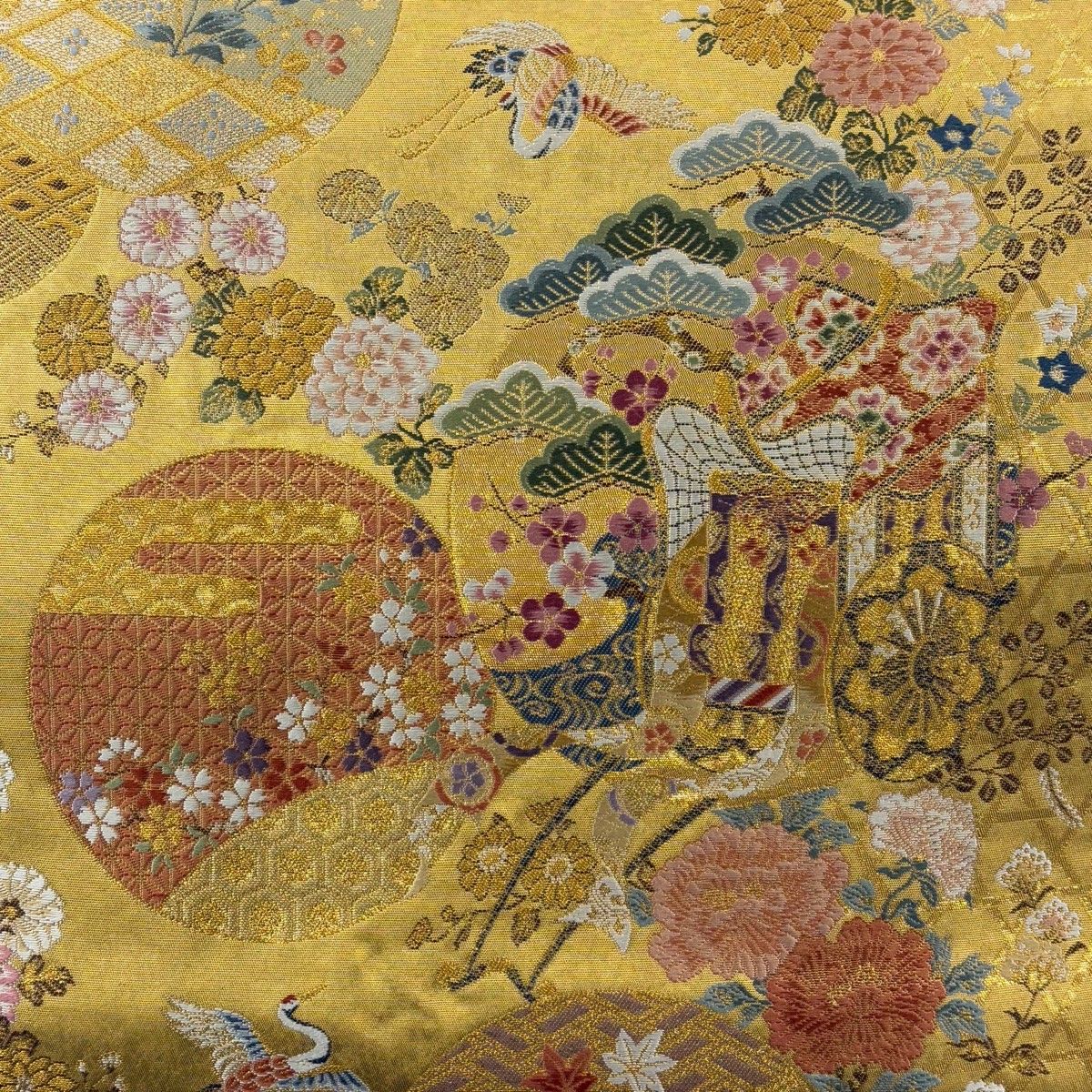 袋帯 名品 長嶋成織物 落款 瀞金錦 関西仕立て 御所車 草花 箔 金色 六通 正絹