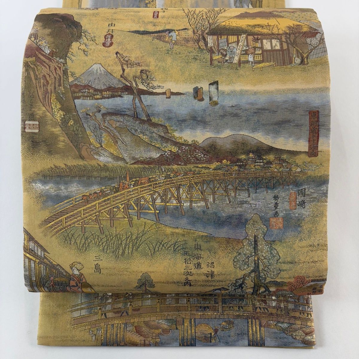 袋帯 名品 廣重 八種四百十八景 箔 山吹茶色 全通 正絹