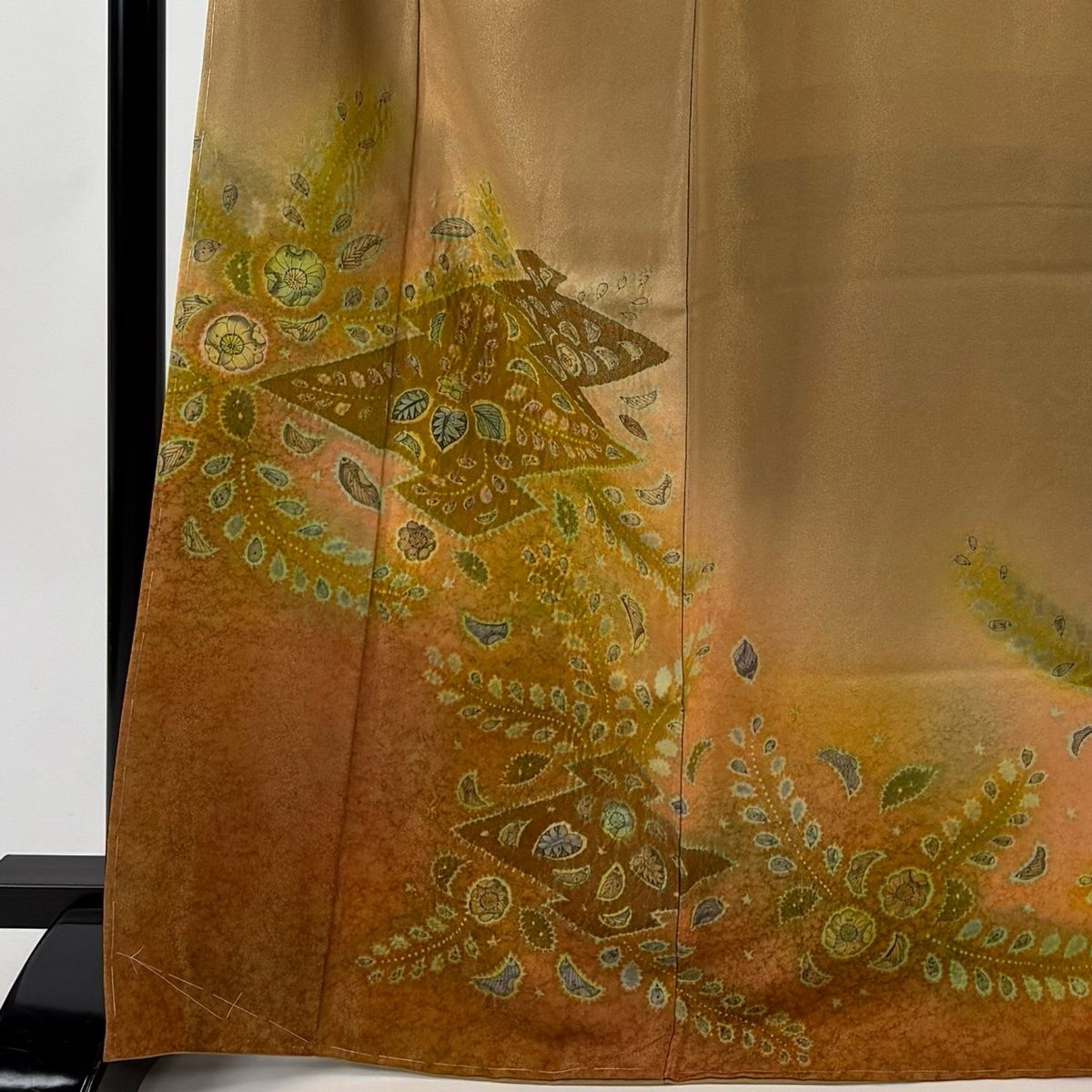 訪問着 身丈170 cm 裄丈67.5 L 袷 辻が花柄 松川菱 金通し ぼかし 薄茶色 正絹 名品 一つ紋