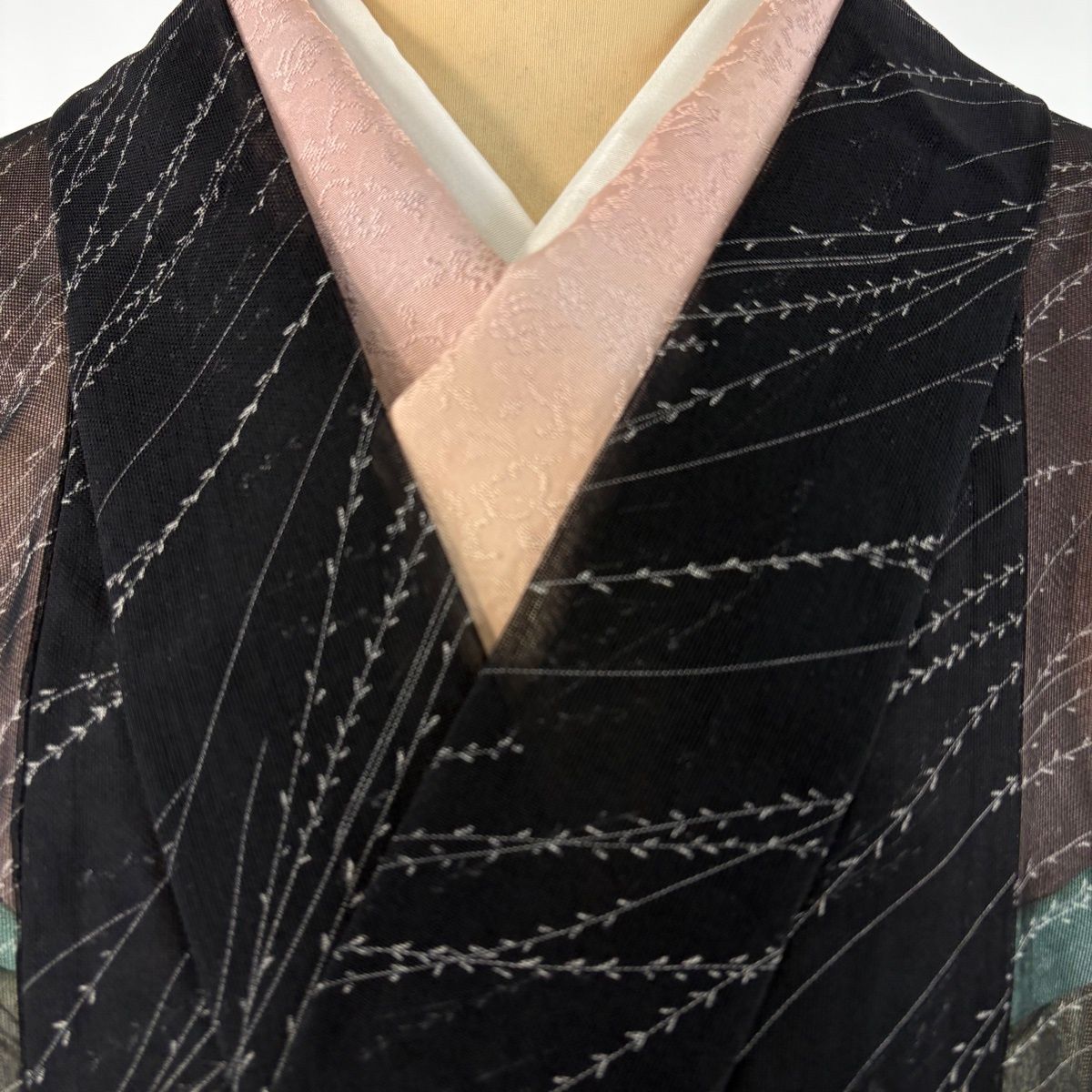  道中着 身丈102.5 cm 裄丈65 M 和装コート 着物衿 葉柄 黒 正絹 名品 羽織 着物 浴衣