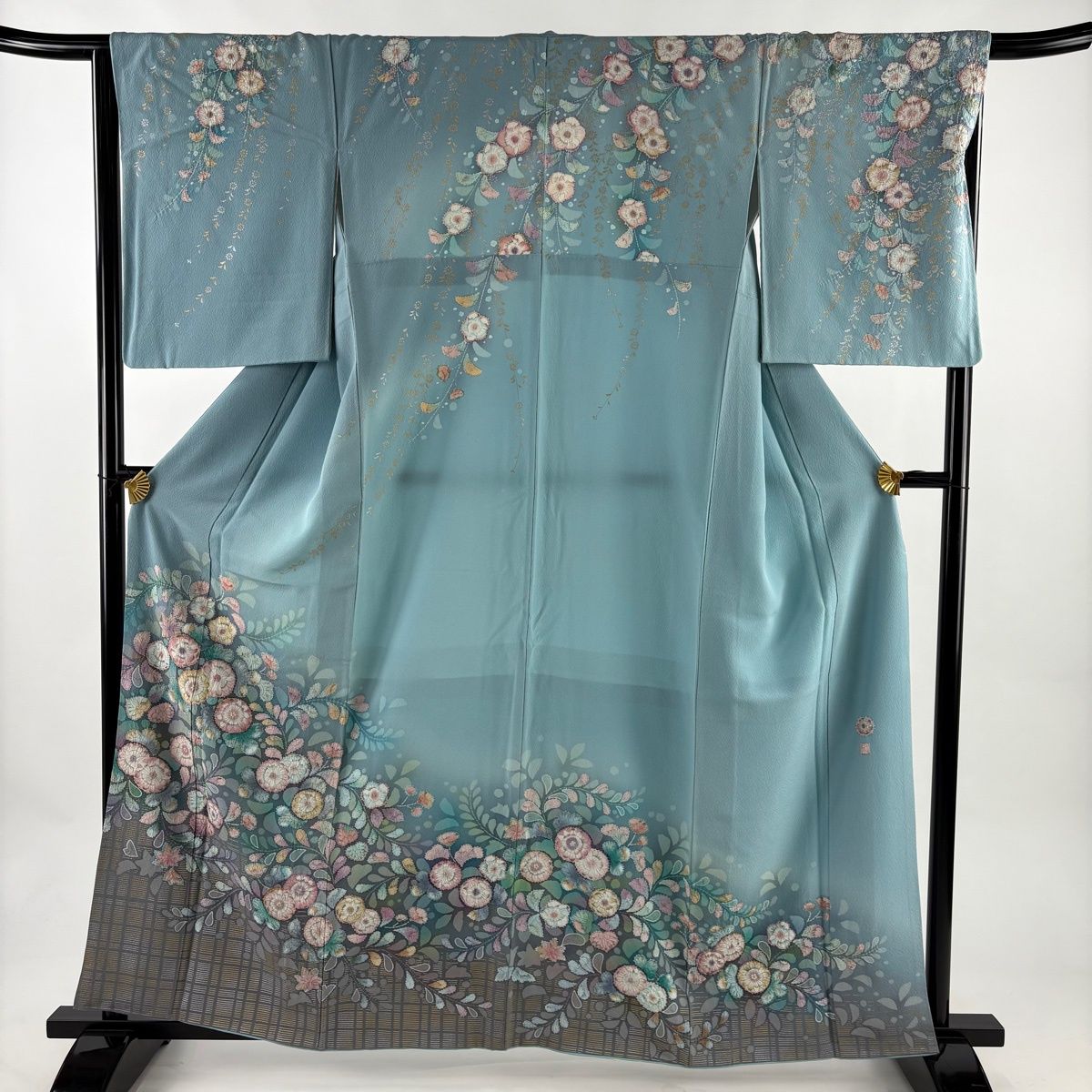 訪問着 身丈161cm 裄丈66cm M 袷 落款 辻が花 格子 金銀彩 ぼかし 水色