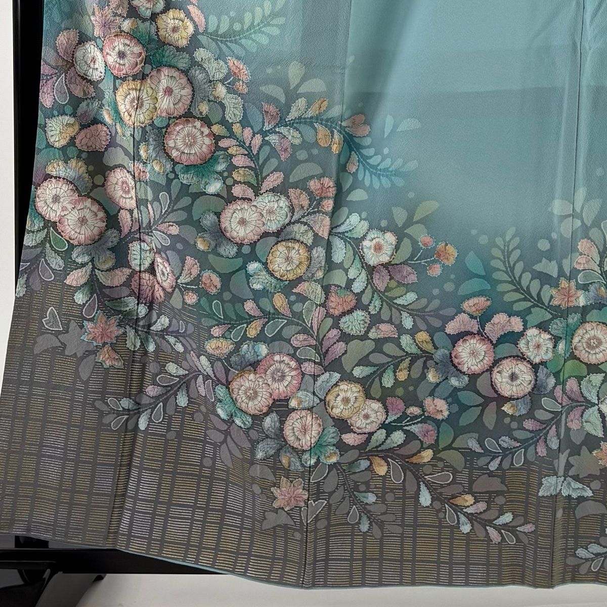 訪問着 身丈161 cm 裄丈66 M 袷 落款 辻が花 格子 金銀彩 ぼかし 水色 正絹 名品