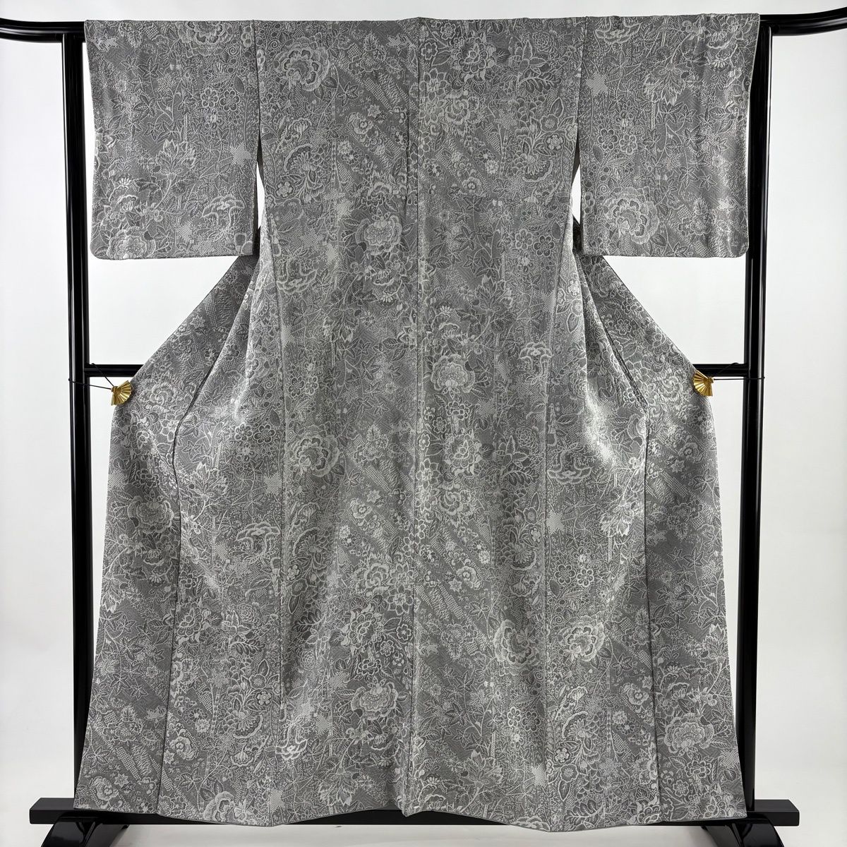 小紋 身丈156 cm 裄丈63 S 袷 草花 紋意匠 灰色 正絹 名品