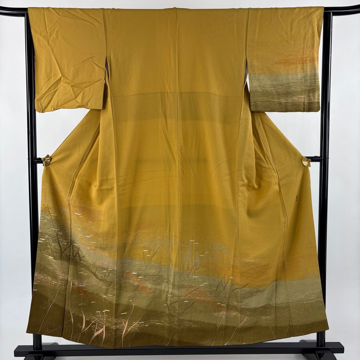 色留袖 身丈154.5 cm 裄丈63.5 S 袷 大久保玄才 落款 樹木 霞 金銀彩 染め分け 山吹色 正絹 名品