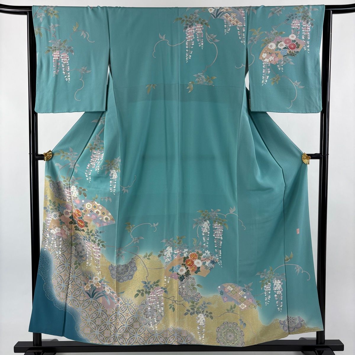 訪問着 身丈155.5 cm 裄丈63 S 袷 落款 菊 藤 金糸 金彩 水色 正絹 名品