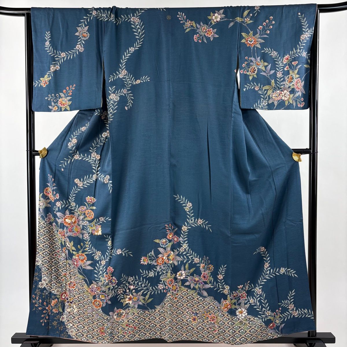 訪問着 身丈158cm 裄丈66.5cm M 袷 枝花 草花 金彩 藍色 正絹 名品 一