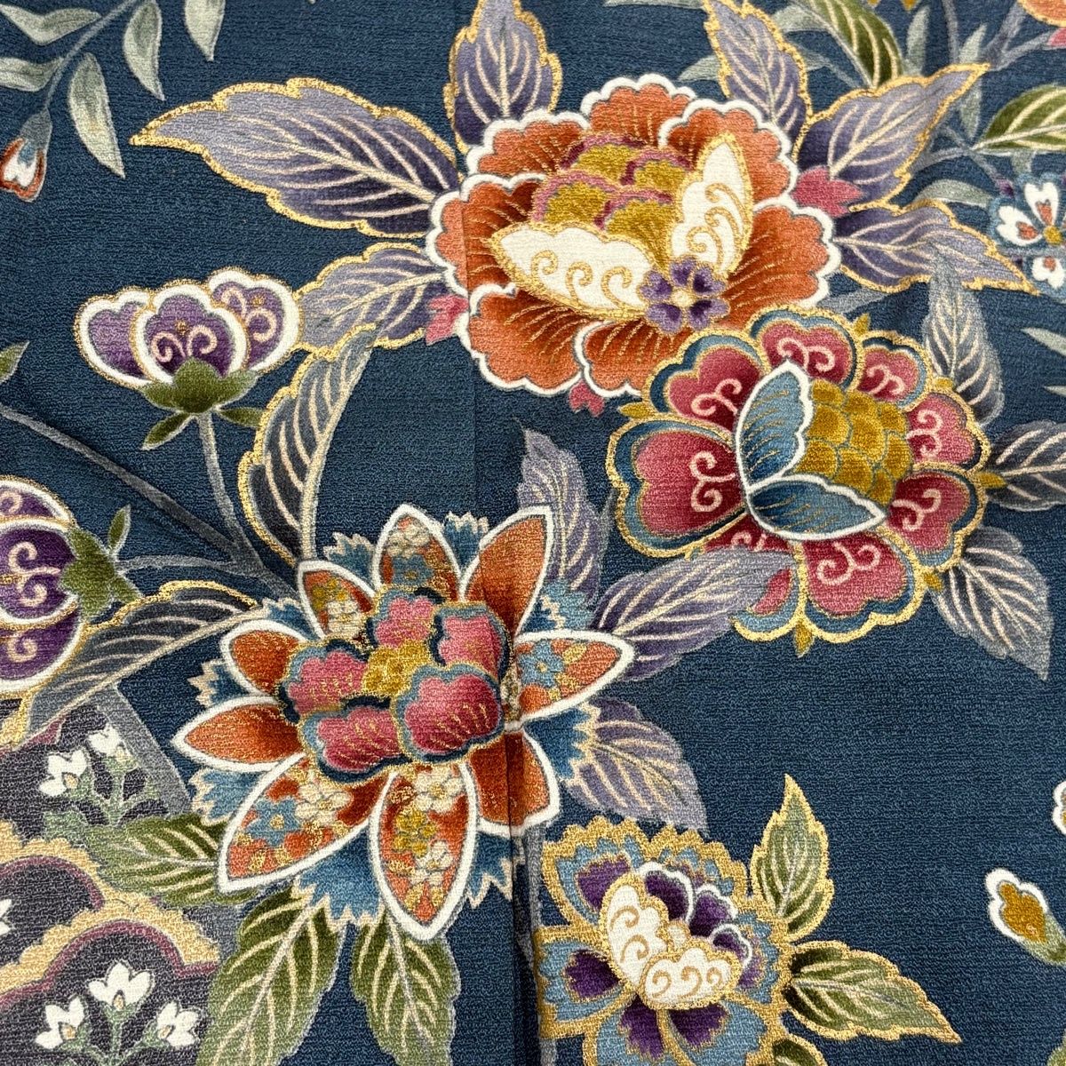 訪問着 身丈158cm 裄丈66.5cm M 袷 枝花 草花 金彩 藍色 正絹 名品 一