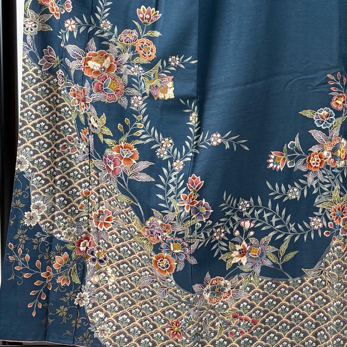 訪問着 身丈158 cm 裄丈66.5 M 袷 枝花 草花 金彩 藍色 正絹 名品 一つ紋