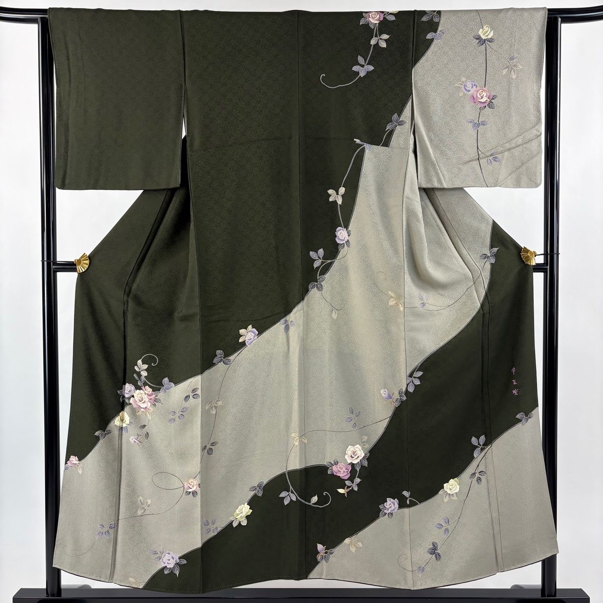 訪問着 身丈152.5 cm 裄丈63 S 袷 帝王紫 落款 薔薇 地紋 金糸 金彩 茶緑色 正絹 名品