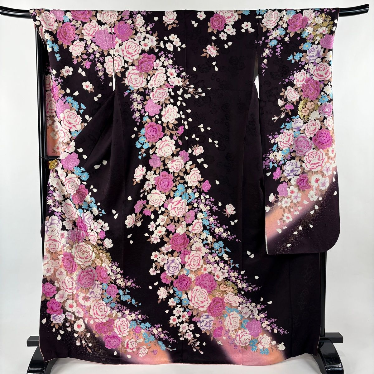 振袖 身丈169 cm 裄丈70 L 袷 薔薇 草花 金銀彩 箔 茶紫 正絹 名品