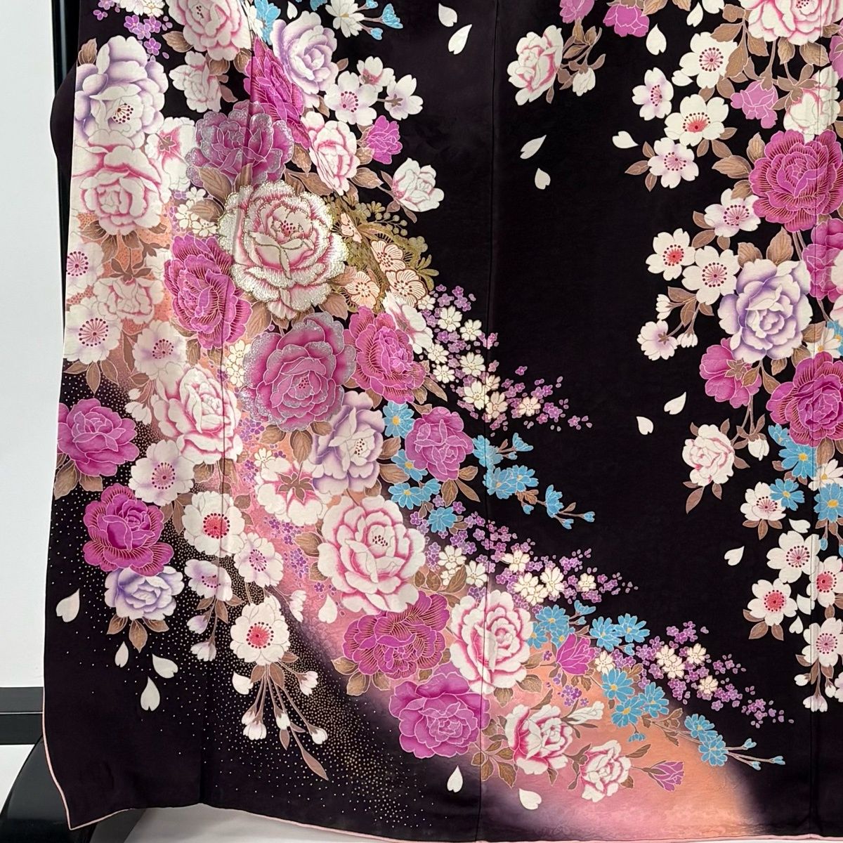 振袖 身丈169 cm 裄丈70 L 袷 薔薇 草花 金銀彩 箔 茶紫 正絹 名品