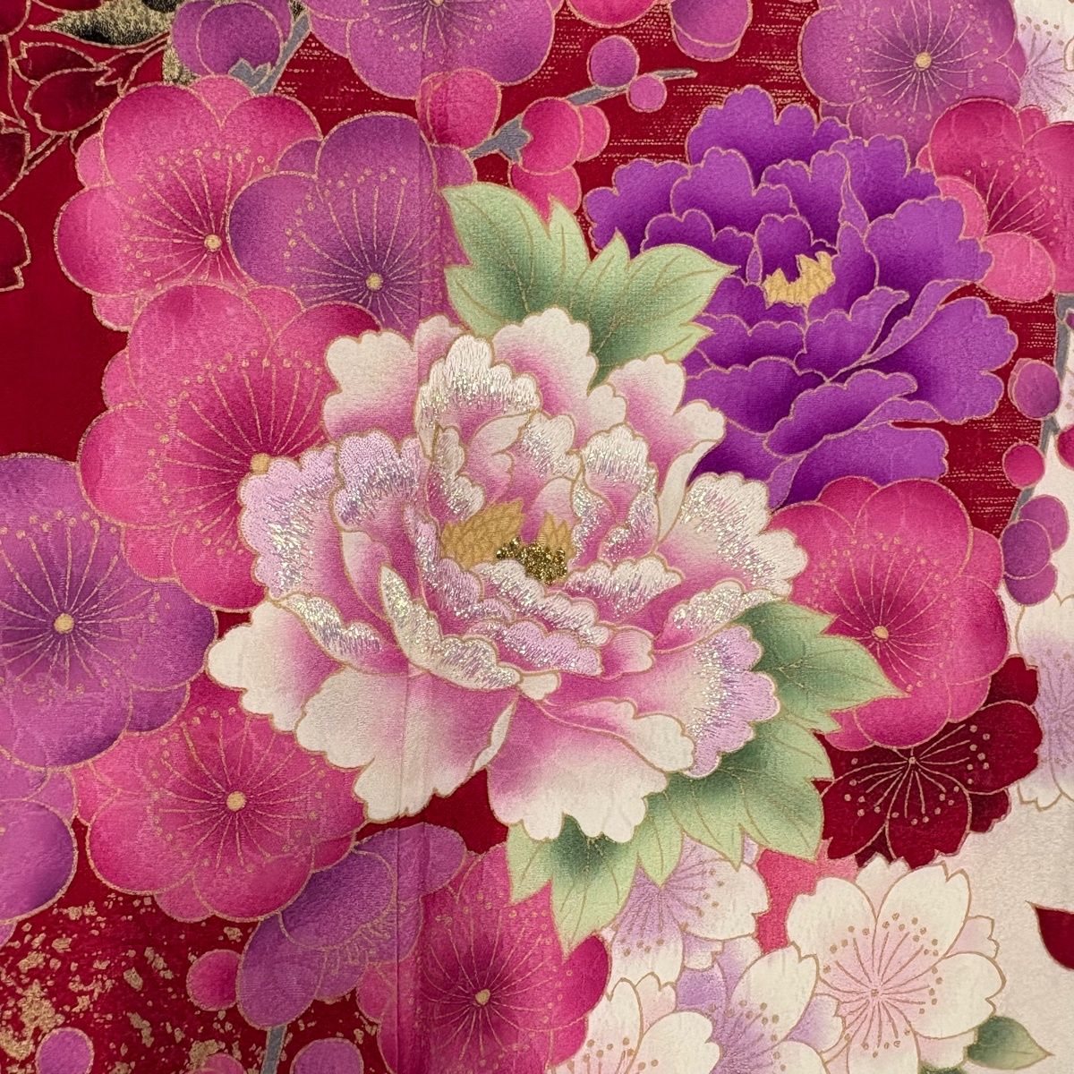 振袖 身丈169cm 裄丈70cm L 袷 牡丹 桜 金彩 箔 濃ピンク 正絹 名品