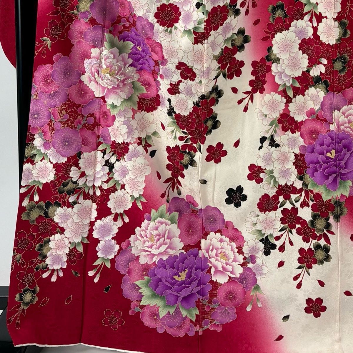 振袖 身丈169cm 裄丈70cm L 袷 牡丹 桜 金彩 箔 濃ピンク 正絹 名品