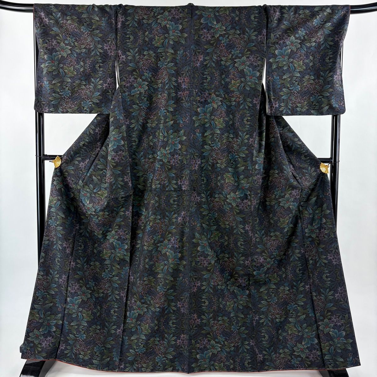 大島紬 身丈166 cm 裄丈69.5 L 袷 証紙 草花 葉と実 純泥染 紺色 正絹 名品