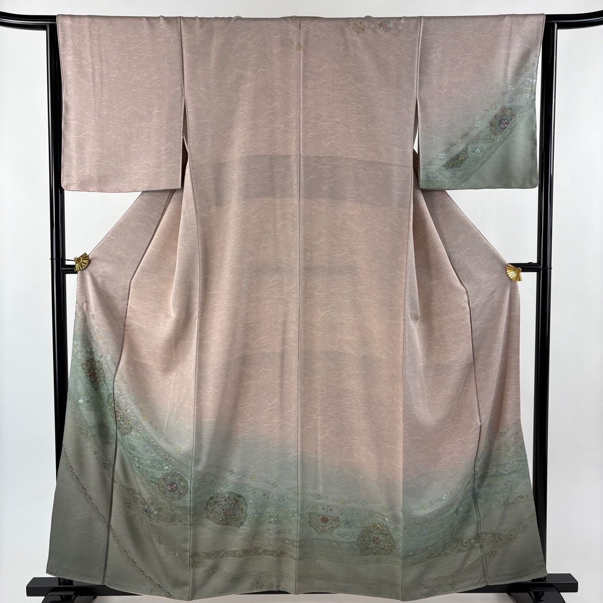 訪問着 身丈159.5 cm 裄丈65.5 M 袷 華文 花唐草 刺繍 金糸 灰桜 正絹 名品 一つ紋