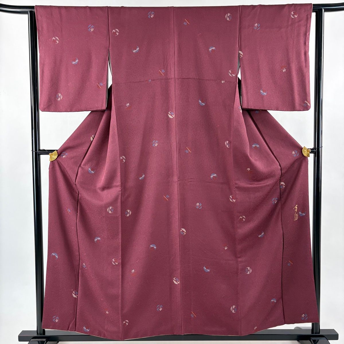 小紋 身丈157.5 cm 裄丈62 S 袷 大久保玄才 落款 鞠 地紋 紫 正絹 名品