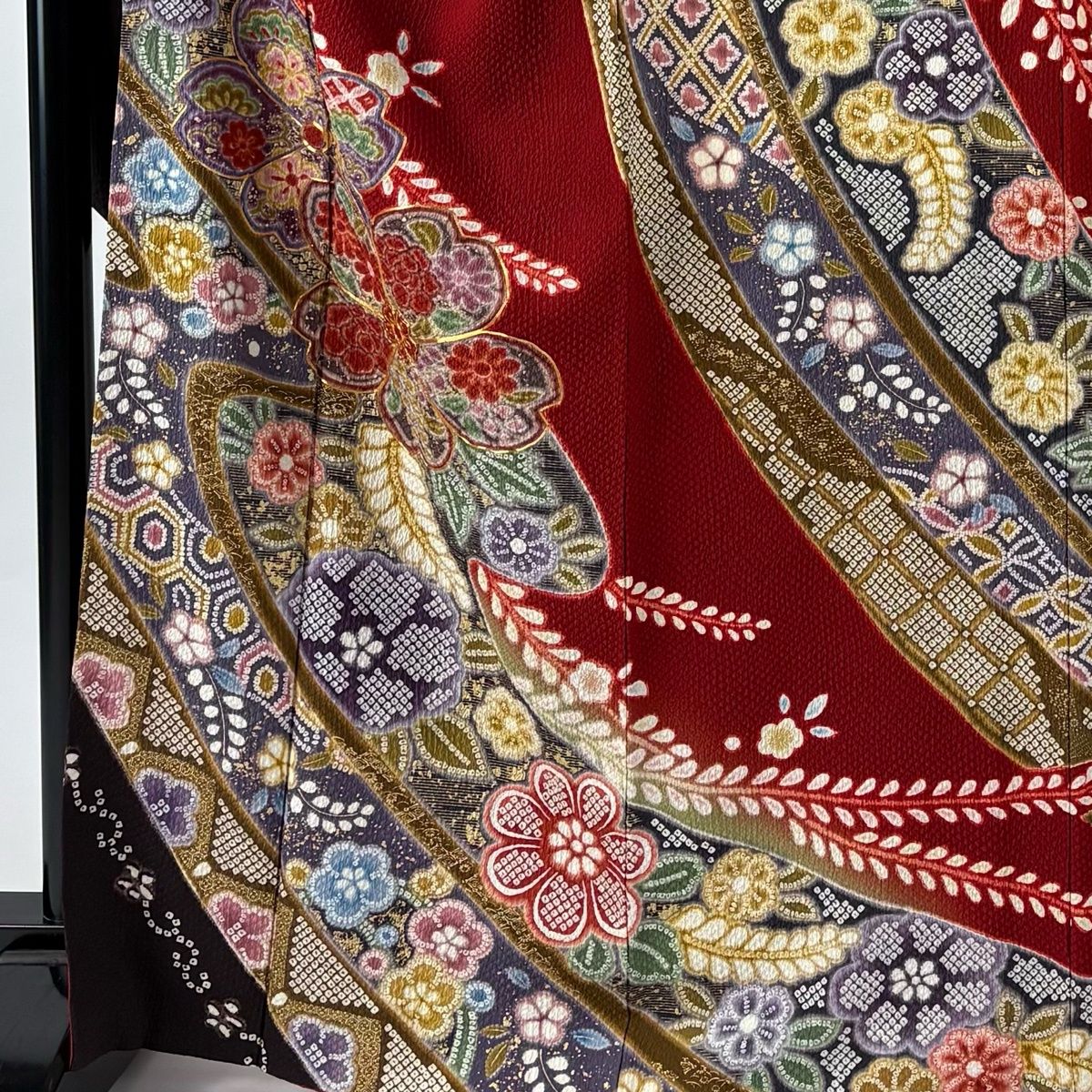 振袖 身丈165.5 cm 裄丈68 L 袷 桜 熨斗 金糸 金彩 赤 正絹 名品