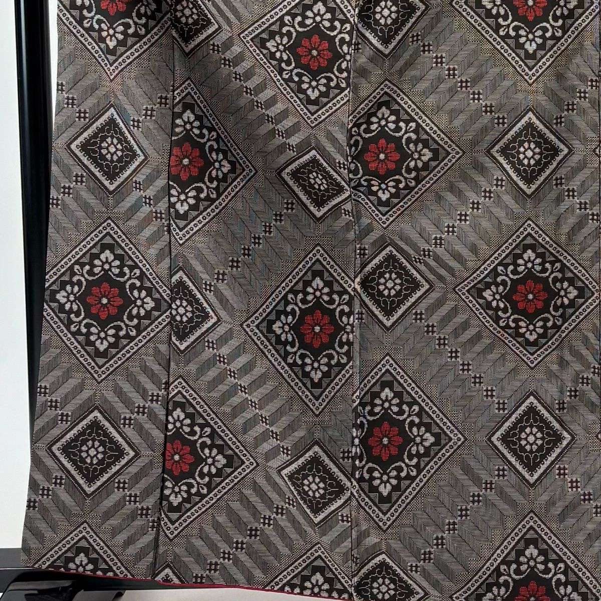 紬 身丈164.5 cm 裄丈66.5 M 袷 菱紋 花 灰茶 正絹 名品