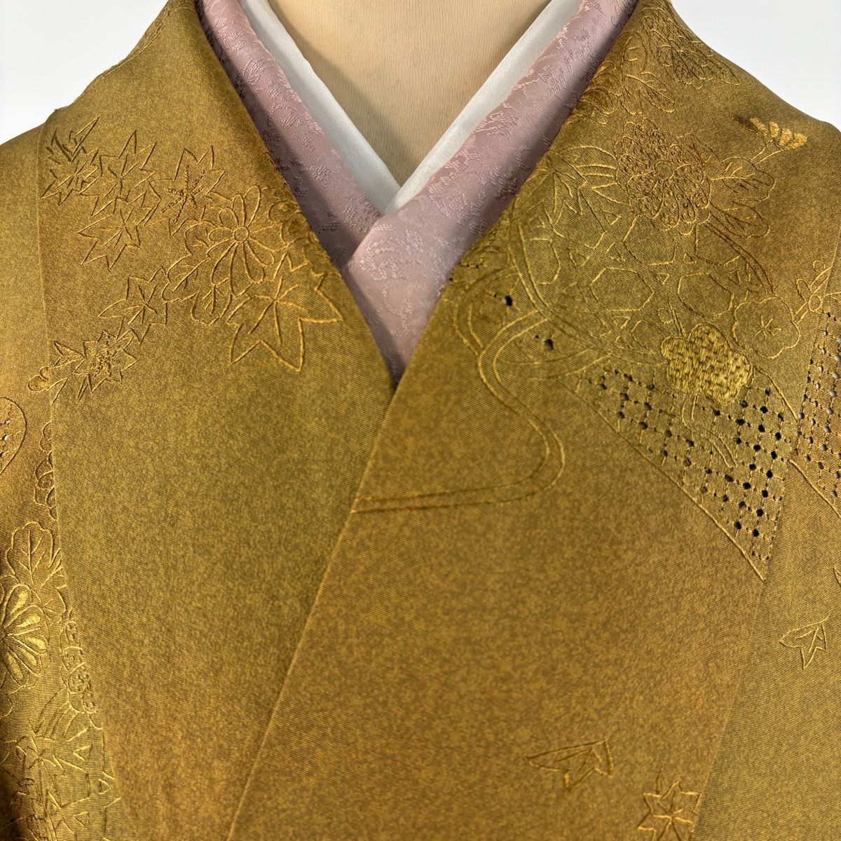  道中着 身丈97.5 cm 裄丈66 M 和装コート 草花 流水 刺繍 ぼかし 黄土色 正絹 名品 羽織 着物 浴衣