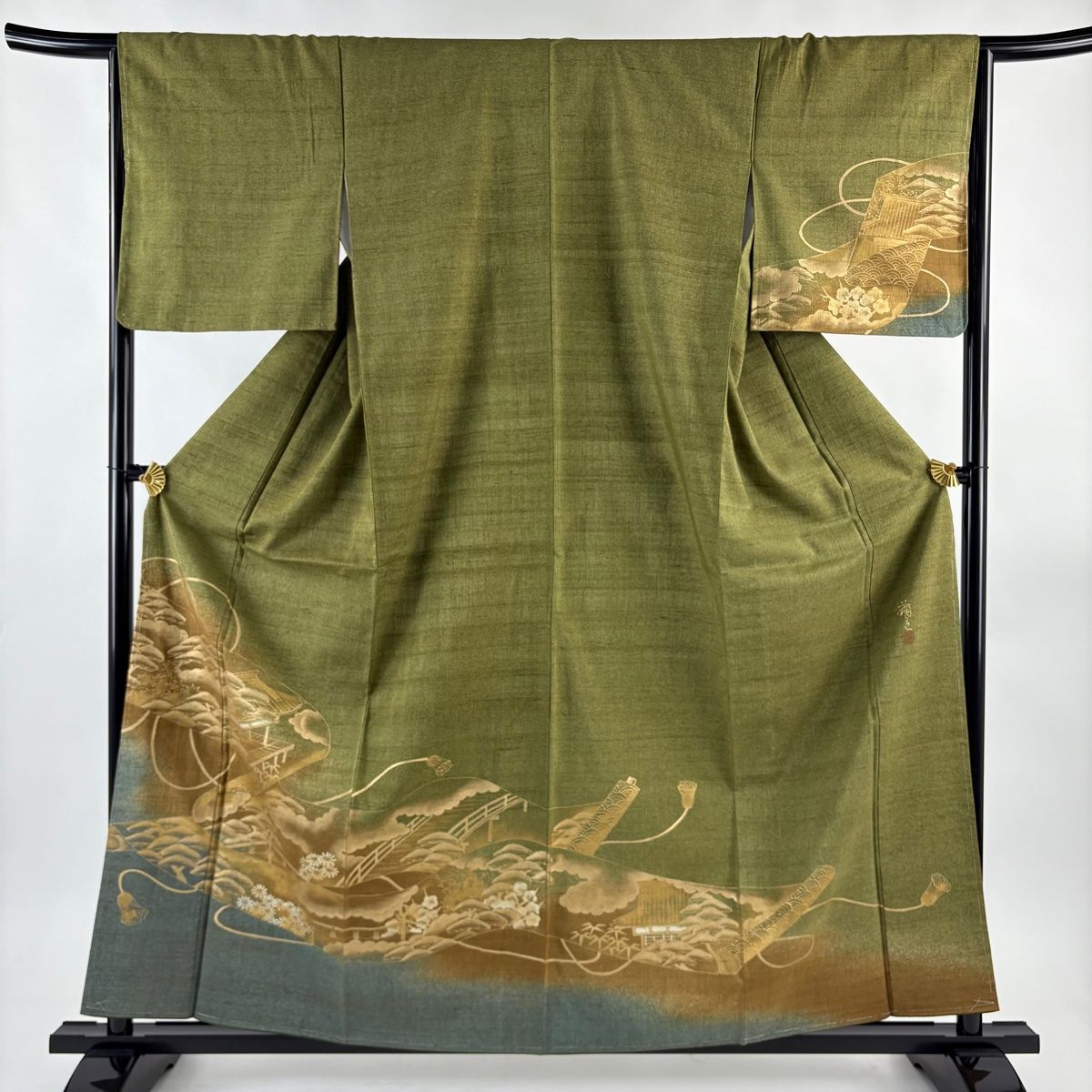 訪問着 身丈159 cm 裄丈65 M 袷 紬地 落款 風景 巻物 金彩 茶緑色 正絹 名品