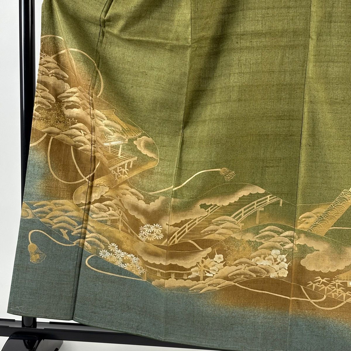 訪問着 身丈159 cm 裄丈65 M 袷 紬地 落款 風景 巻物 金彩 茶緑色 正絹 名品