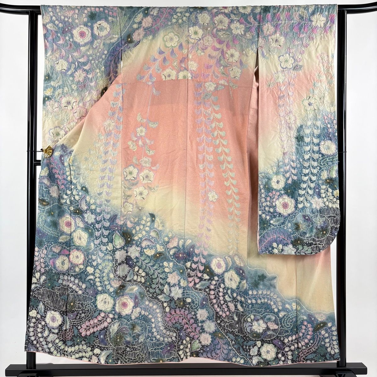 振袖 身丈152 cm 裄丈63 S 袷 辻が花柄 銀通し 絞り 青灰色 正絹 名品