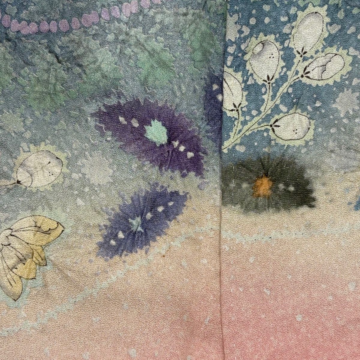  振袖 身丈152 cm 裄丈63 S 袷 辻が花柄 銀通し 絞り 青灰色 正絹 名品 振袖 着物