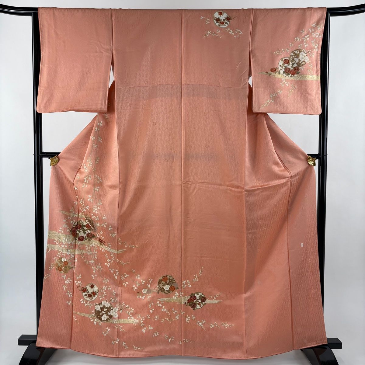 訪問着 身丈163 cm 裄丈64 M 袷 吾妻徳穂 落款 花丸文 霞 金彩 サーモンピンク 正絹 名品
