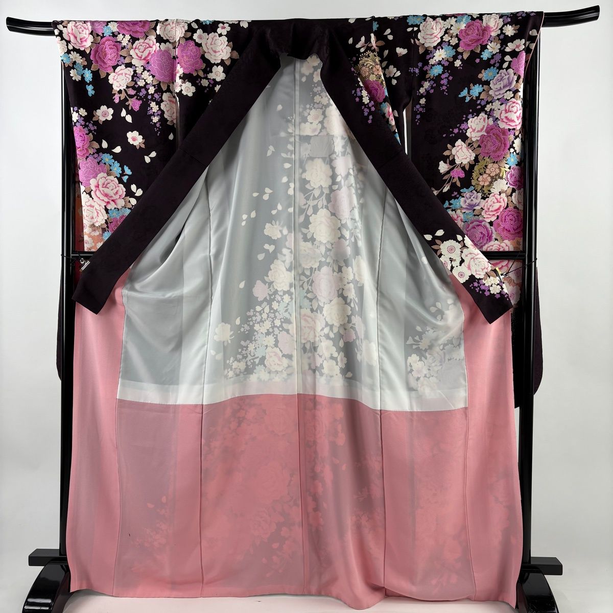  振袖 身丈169.5 cm 裄丈69.5 L 袷 薔薇 桜 刺繍 箔 濃紫 正絹 名品 振袖 着物
