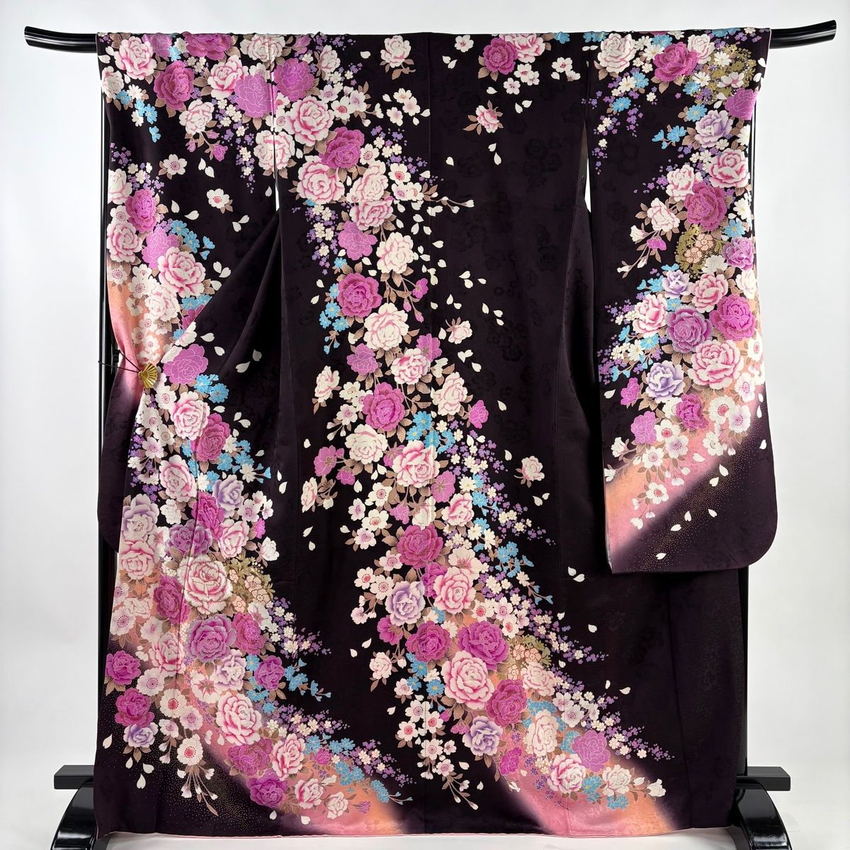 振袖 身丈169.5 cm 裄丈69.5 L 袷 薔薇 桜 刺繍 箔 濃紫 正絹 名品
