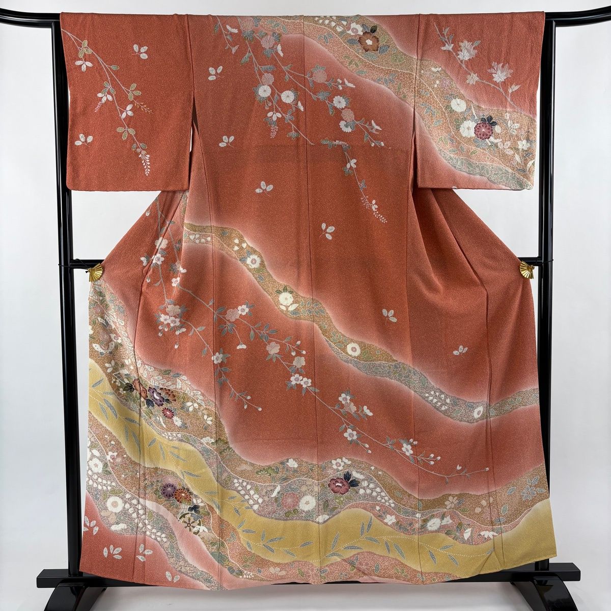 訪問着 身丈159 cm 裄丈64 M 袷 花車 牡丹 絞り 金彩 朱色 正絹 名品