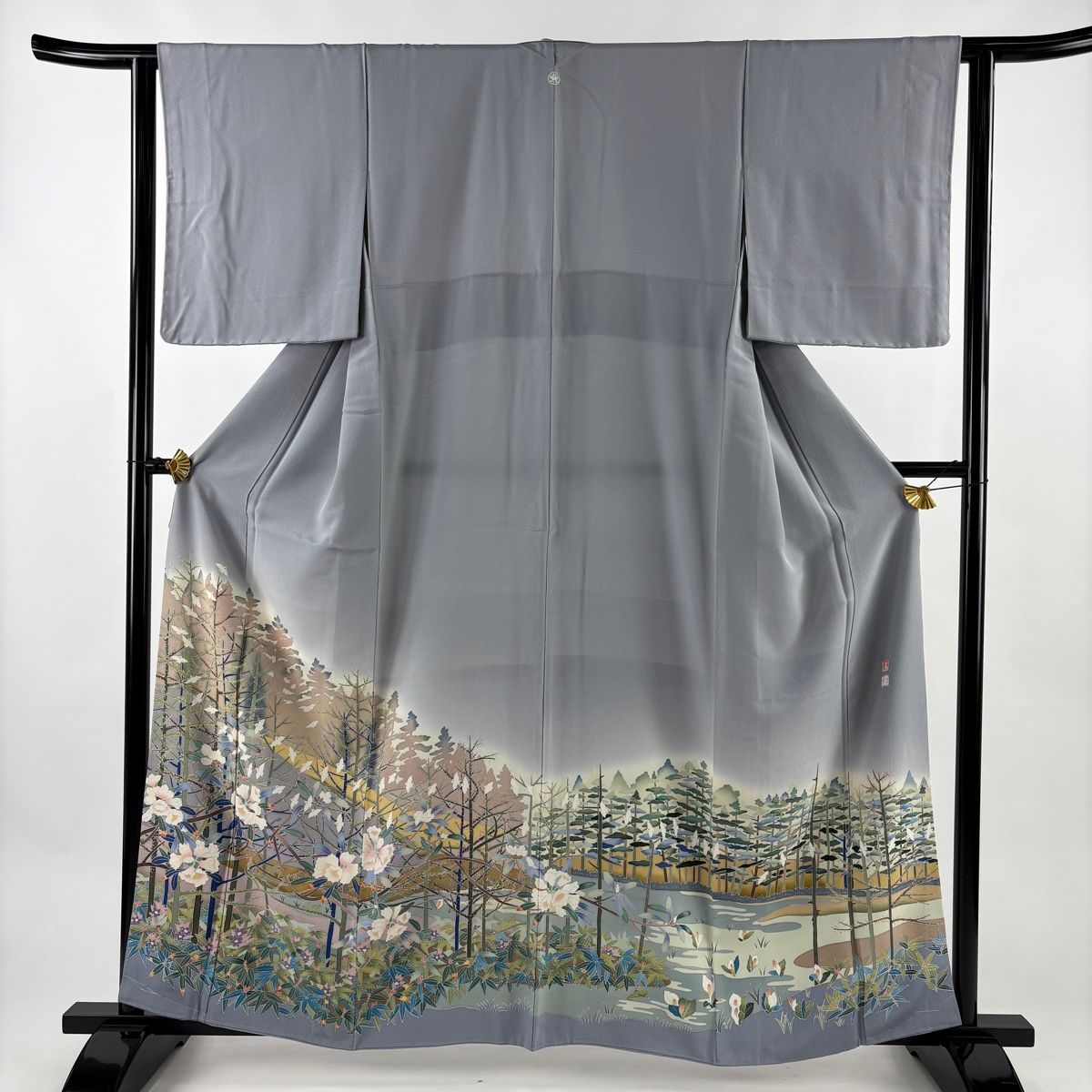 色留袖 身丈161.5 cm 裄丈63 S 袷 松本健一 落款 樹木 草花 染め分け ぼかし 青灰色 正絹 名品 一つ紋